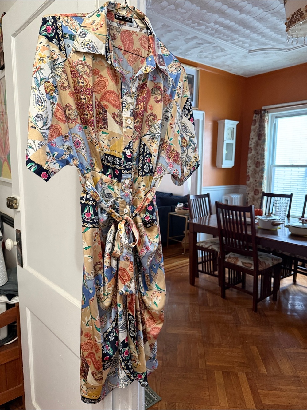 Vintage-Inspired Multi-Color Paisley Shirt Dress with Tie Waist